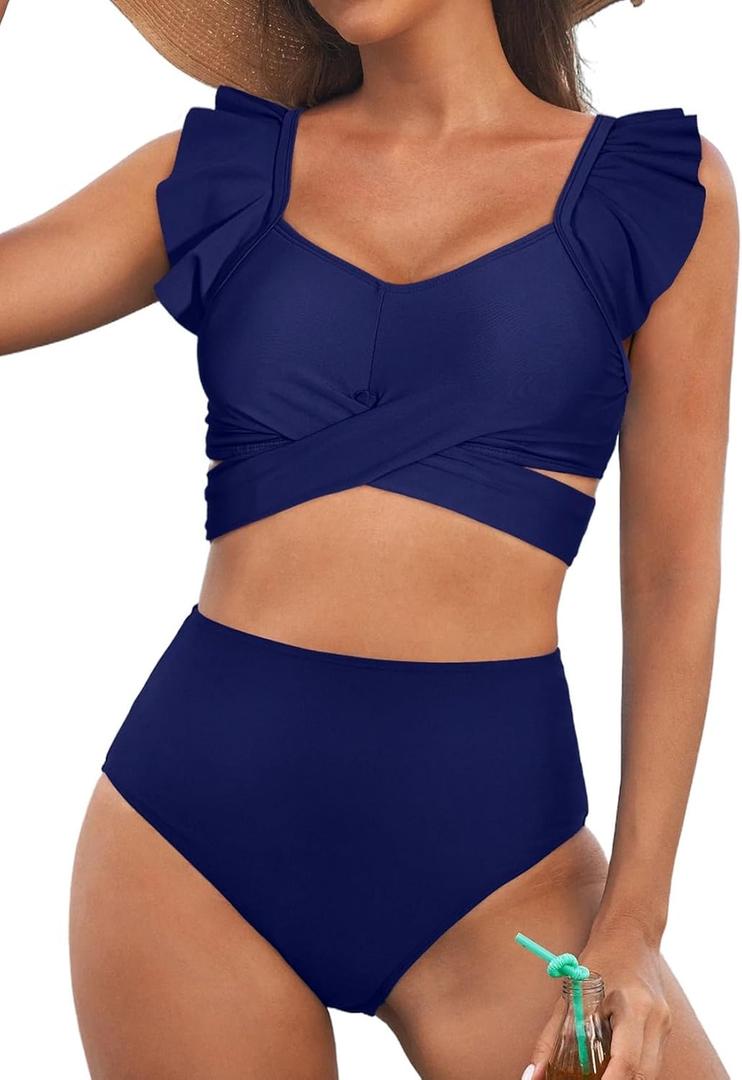 Aleumdr Women's High Waisted Bikini Sets Ruffle Two Piece Swimsuits Crisscross Bathing Suits (Medium, A3 Navy Blue)