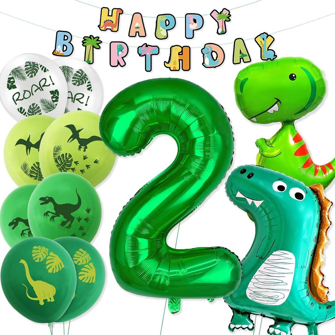 Large Dinosaur Foil Balloons, Happy Birthday Banner, Number 2 Balloon, Dinosaur Printed Latex Balloons for 2nd Birthday Party Decorations