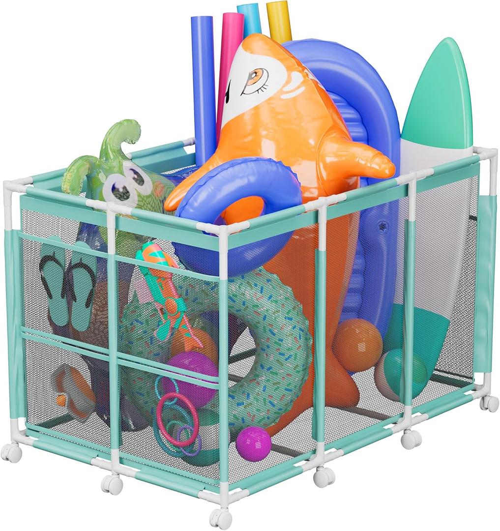 POOLHOUR Pool Float Storage Outdoor Pool Toy Storage Organizer for Pool Noodles, Toys, Floats, Balls, and Equipment, Mesh Rolling Storage Organizer Bin, Cyan