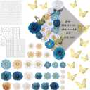 Thiccywoov 43 Pcs Graduation Cap Decorations Kit Includes Artificial Flowers Faux Flower Heads 3D Butterfly Stickers Pearl Rhinestones Glitter Stickers for Grad Cap Topper DIY Graduation Gift(Blue)