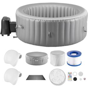 VEVOR Inflatable Hot Tub, 6 to 8 Person Capacity, 94.5 x 26in Round Portable Outdoor Spa, with 130 Soothing Jets, Headrest, LED Light, Cover, Multi-Function Control Panel, PVC Outdoor Hot Tub, Grey