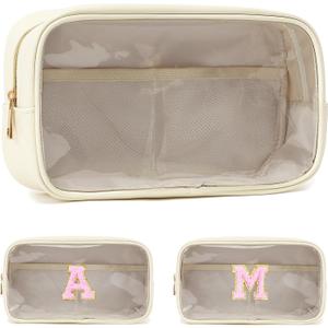 Fammart Clear Makeup Bag with 2 Customizable Chenille Letters - Waterproof PU Leather Cosmetic Case, Large Personalized Toiletry Pouch for Women & Teens, Ideal for Travel & Gift