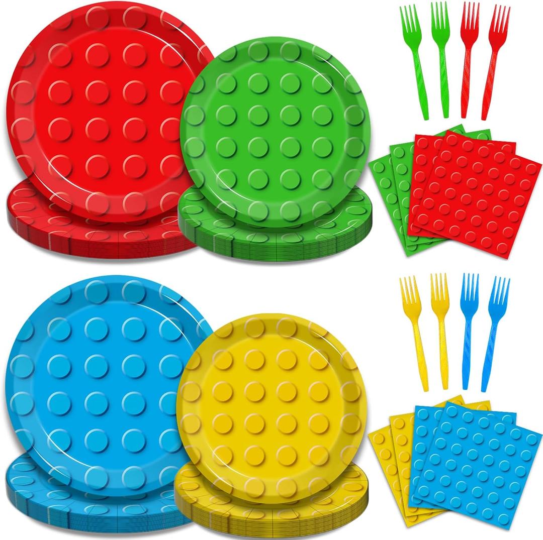 96 Pcs Building Block Party Supplies, Building Bricks Plates and Napkins Set Building Block Themed Dinnerware for Birthday Party Decorations, Serves 24