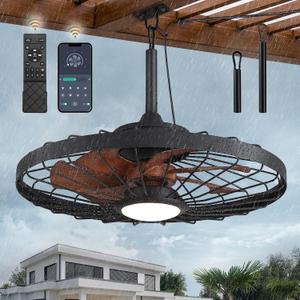 LEDIARY 24" Outdoor Ceiling Fan with Lights,IP65 Waterproof Gazebo Hanging Fan with Remote Control Smart App, Plug in Caged Ceiling Fan with 3CCT 6-Speeds for Patio Porch Pergola(Walnut)