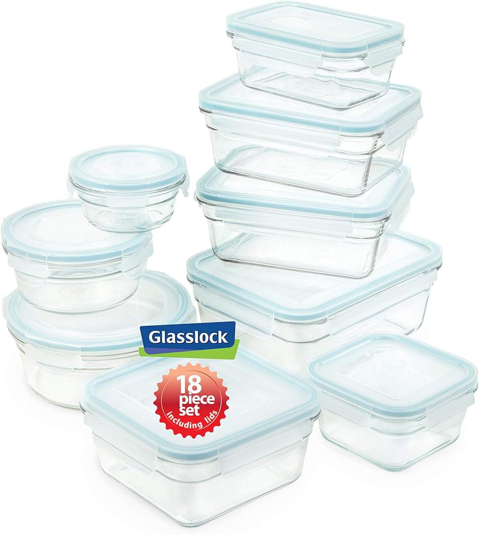Snaplock Lid Tempered Glasslock Storage Container Airtight 18pc Set Anti Spill Microwave & Oven Safe BPA Free