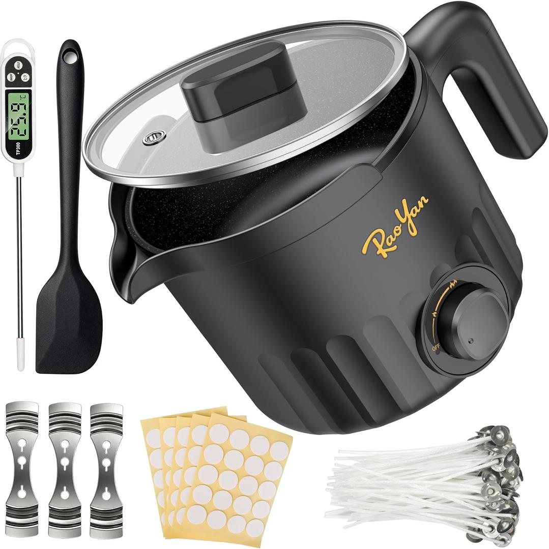 RAOYAN 1.5L Candle Wax Melter with Pour Spout, Wax Melting Pot for Candle Making, Complete Kit for Beginners and Adults with Thermometer, Wicks, Stickers, Centering Device and Stirring Spoon - Black