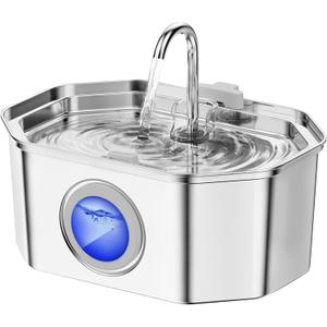 Cat Water Fountain Stainless Steel 108oz/3.2L, APAUK Automatic Pet Fountain Dog Water Dispenser with Water Level Window, Quiet Cat Fountain for Drinking, Inside with Replacement (1 Filter & 1 Sponge) (Silver)