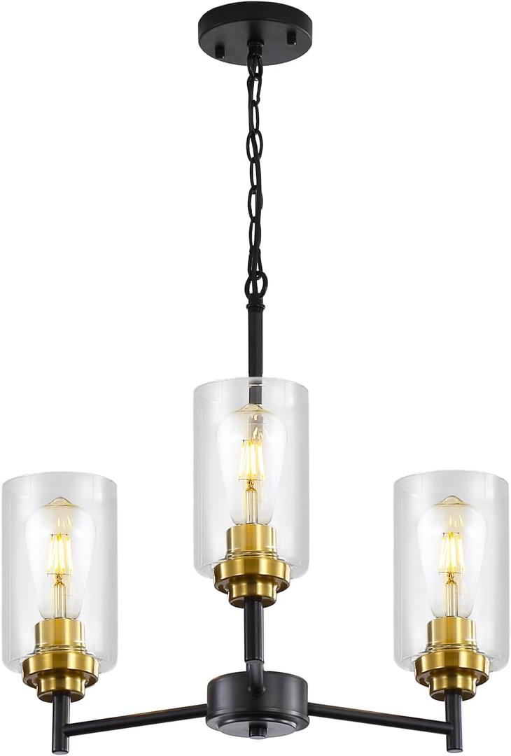 9MMML 3 Lights Black and Gold Chandelier, Modern Glass Ceiling Chandelier Light Fixture for Dining Room, Kitchen, Over Table,Foyer, E26 Base