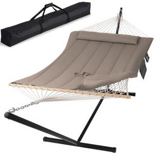 SUNCREAT Hammocks Two Person Hammock with 12ft Stand Included, Max 475lbs Capacity, Heavy Duty Free Standing Hammock, Coffee