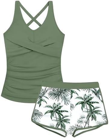 Girls Tankini Swimsuits 2 Piece Criss Cross Ruched Swimwear Printed Swim Shorts Girl Bathing Suit for 13-14 Years