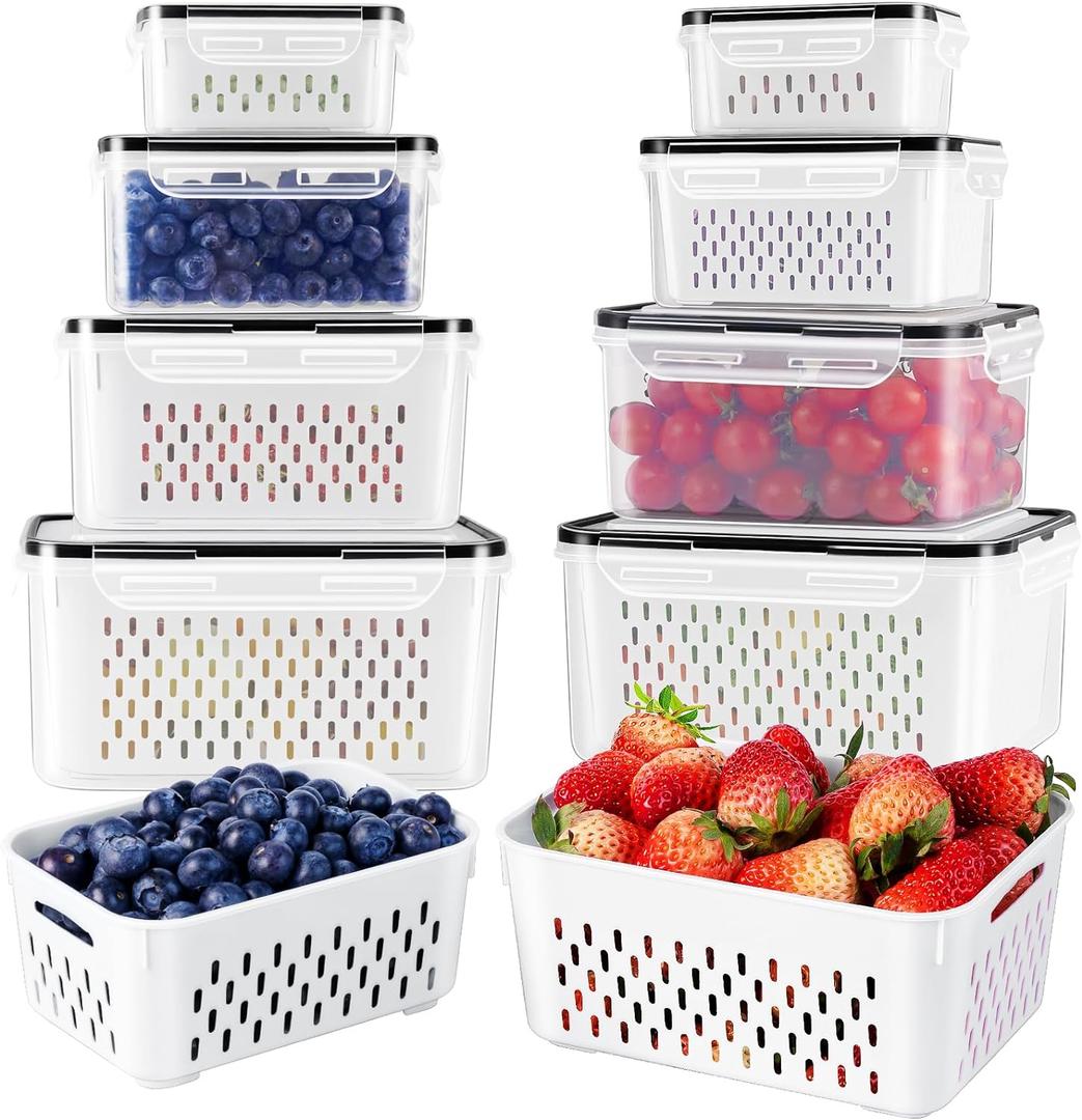 Freshmage Fruit Storage Containers for Fridge with Removable Colander, Airtight Food Storage Container, Dishwasher Safe Produce Saver for Refrigerator, Keep Berry Fruit Fresh Longer 8 pcs Small Clear