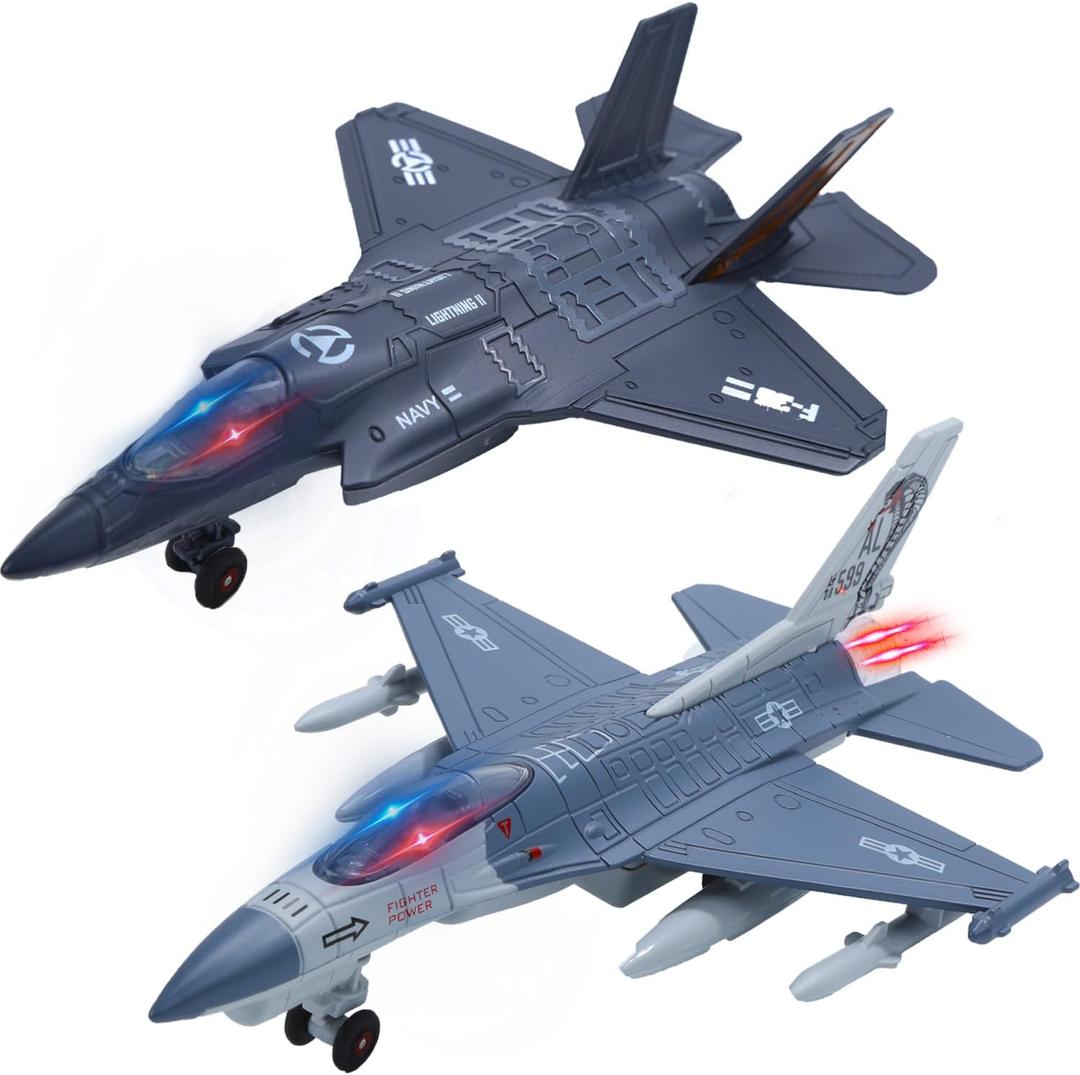 Double Fighter Jet Toy, F35 & F16 Diecast Planes with Lights & Sounds, Pull Back Military Airplane Toy Gift for Toddler,Kids, Boys
