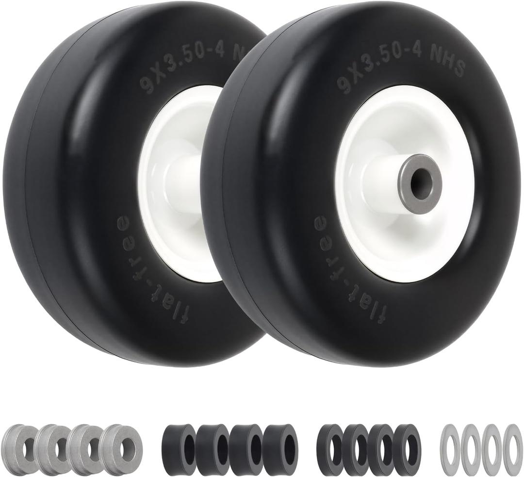 9x3.50-4 Flat Free Lawn Mower Tire & Wheel - 300lb Dynamic Load, PU Solid Tires with 3/4" & 5/8" Bushings, 3.5"-5" Centered Hub Fit Zero Turn Mowers, Wheelbarrows, Air Compressors