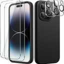 JETech 5 in 1 Silicone Case for iPhone 14 Pro Max 6.7-Inch, with 2-Pack Screen Protector and 2-Pack Camera Lens Protector, Full Coverage Tempered Glass Film, Shockproof Phone Cover (Black)
