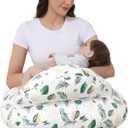 Nursing Pillow for Breastfeeding, Breastfeeding Essentials for Newborn, More Support for Mom and Baby, with Adjustable Waist Strap and Removable Cotton Cover (Green Leaves)
