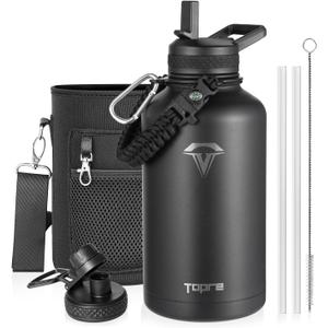 Topre 64oz Insulated Water Bottle,Half Gallon Water Flask Stainless Steel Vacuum, Cold for 48 Hrs,BPA-Free & Leakproof -with Paracord Handle,Strap,Straw Spout Lids,Large Jug for Gym Sports,Black