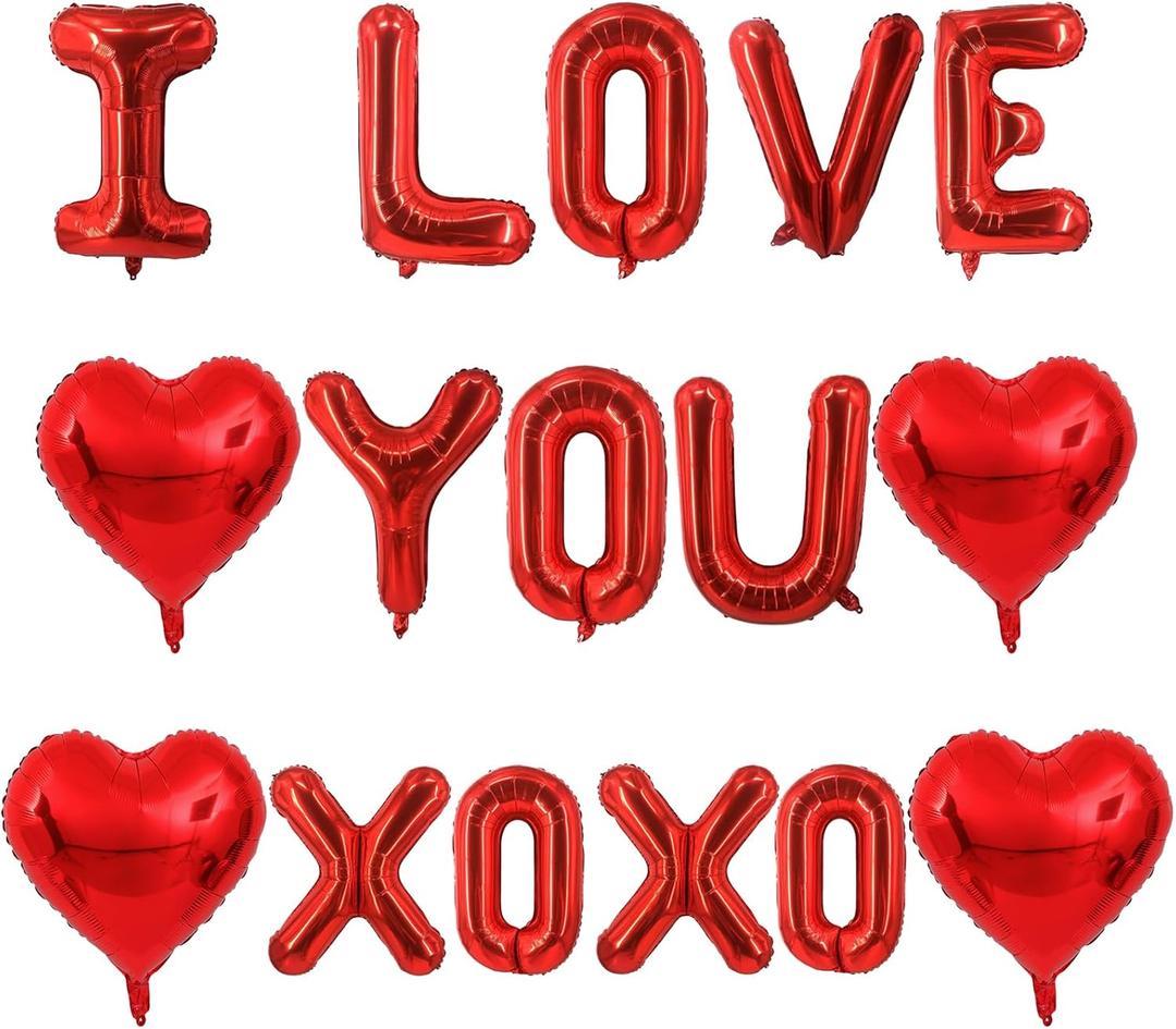 2 x 16 Inch I Love You Balloons XO XO Letter Day Balloons Red Heart Foil Balloon for Valentines Day Wedding Romantic Special Night Party Supplies Decorations