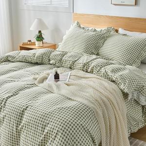 kisswish Gingham Duvet Cover Queen Size, 3 Pieces Soft Breathable Microfiber Plaid Comforter Cover with Zipper Closure & 2 Pillow Shams, Ruffle Farmhouse Vintage Decor, Sage Green