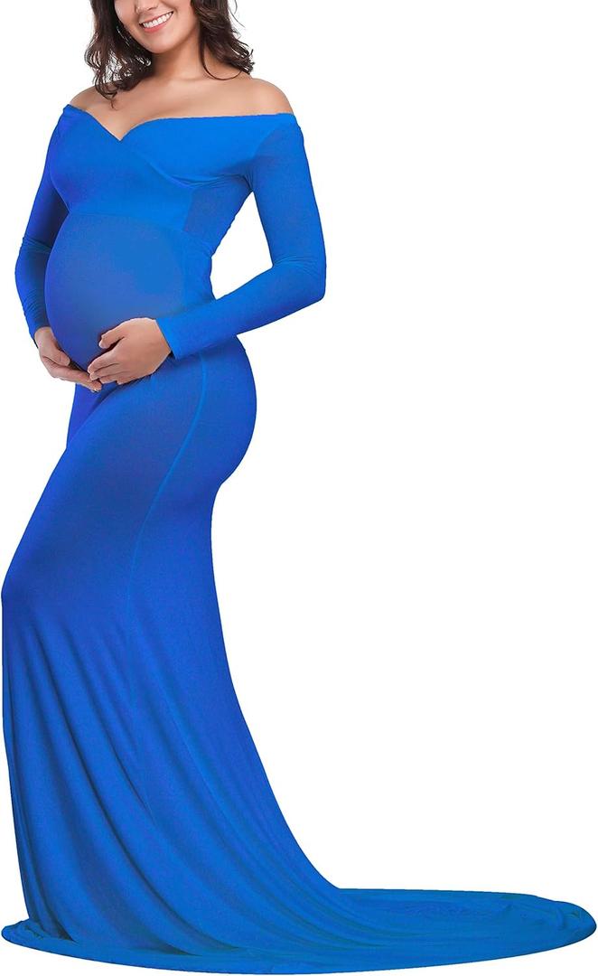 JustVH Maternity Elegant Fitted Maternity Gown Long Sleeve Cross-Front V Neck Slim Fit Maxi Photography Dress for Photoshoot (Medium, A- Royal Blue)