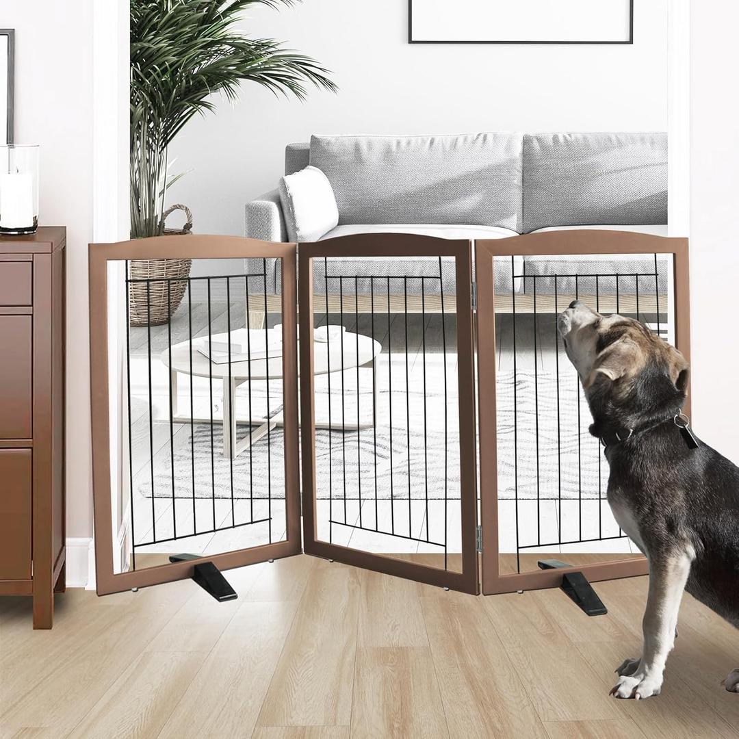 ZJSF Freestanding Dog Fence Indoor, Foldable Dog Gate for Doorways, Stairs or Hallways, Sturdy Wood Extra Wide Pet Gate with Support Feet for The House, Brown, 32 "Height-3 Panels