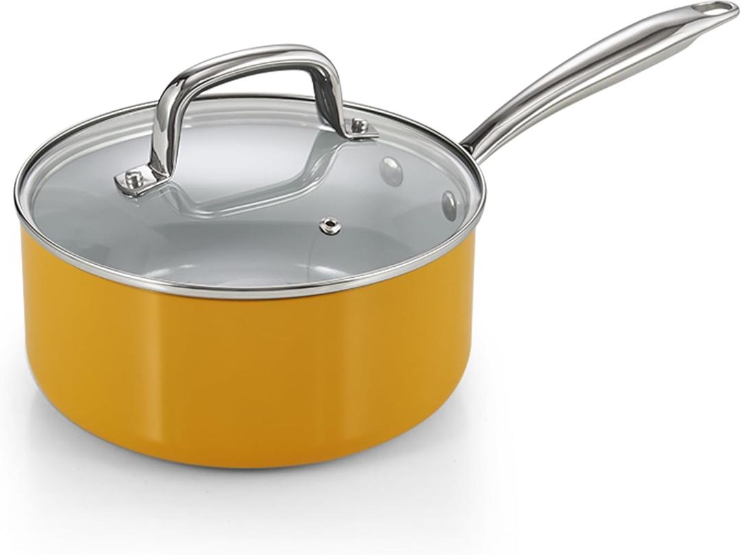 Cook N Home Nonstick Sauce Pan with Glass Lid, 3-Quart Small Saucepan Hard Anodized Non Stick Ceramic Cookware, Induction Cooking Pots and Pans with Stay-Cool Handles, Cacerola, Yellow