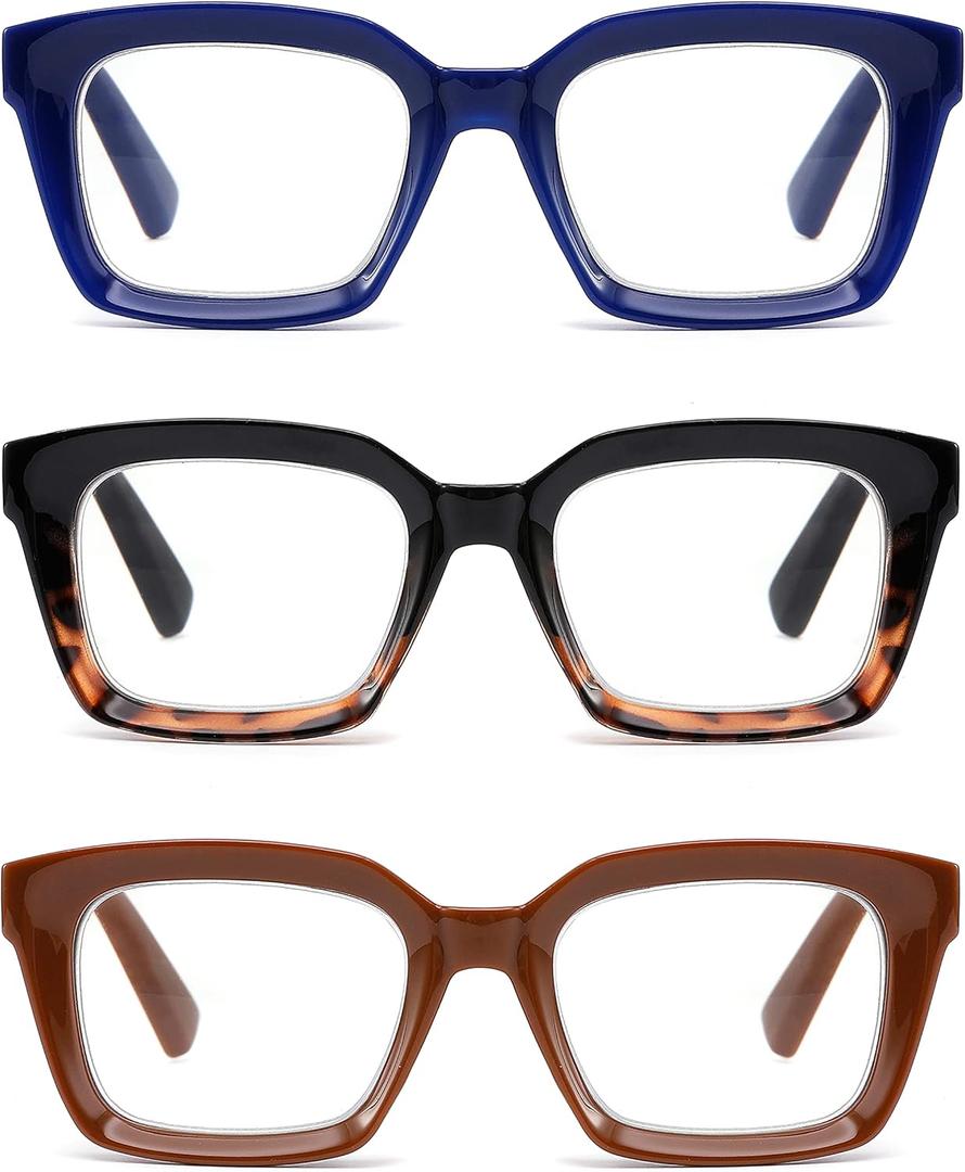 3 Pack Oversize Square Design Reading Glasses for Women, Blue Light Blocking Computer Reader (Black&Blue&Coffee, 1.75)