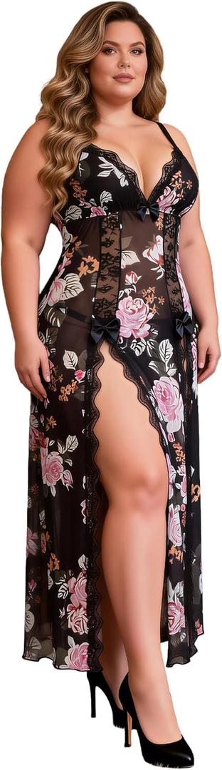 ohyeahlady Women Lingerie Sexy Babydoll Nightgowns Lace V Neck Nightdress Split Long Slip Chemise Sleepwear S-2XL (Black, XXL)