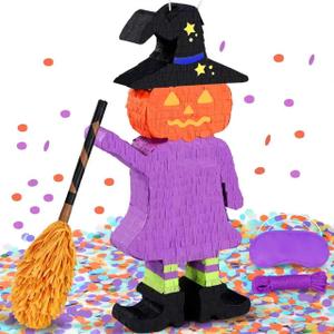 Large Witch Pinata (24.4 X 12.4 X 3 In) | Pumpkin Halloween Piata - Trick-or-Treating Party Kit with Stick, Blindfold, Rope for Kids' Party & Spooky Theme Celebrations