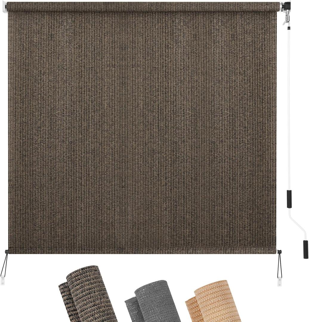 KELIXU Patio Shades Roll Up Outdoor Blind, 8 W x 8 H Cordless Sun Shade Privacy Screen with 90% UV Protection Exterior Roller Shade Cloth for Porch Pergola Backyard Windows Balcony, Mocha