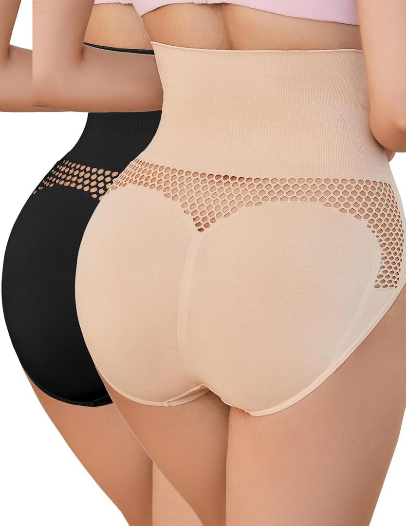 Tummy Control High Waist Shapewear Underwear Mesh Hollow Out Shaping Briefs Body Shaper Panties for Women (Large, Black+beige)