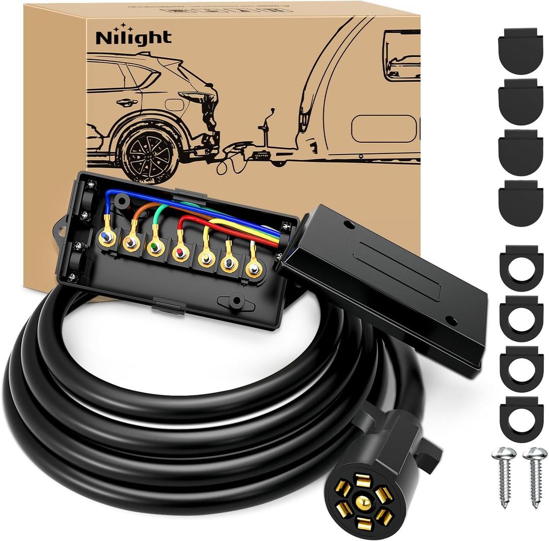 Nilight Heavy Duty 7 Way Inline Trailer Plug 8 Feet Connector Cable 7Pin RV Round Extension Wiring Harness Weatherproof Junction Box for RV Towing Car