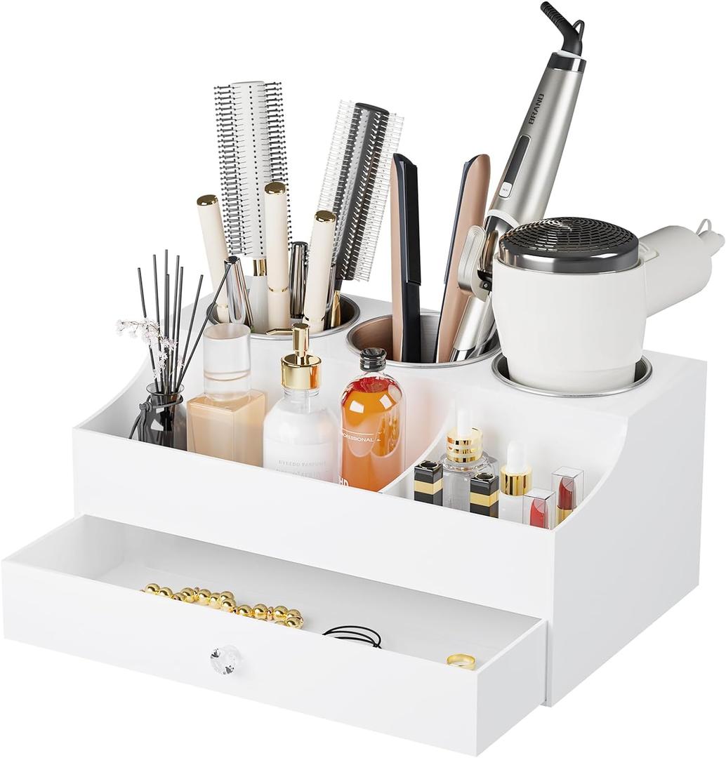Hair Tool Organizer, Acrylic Hair Blow Dryer Holder Stand for Straightener and Curling Storage, Bathroom Vanity Countertop Organization for Makeup Accessories (White) (Plus)