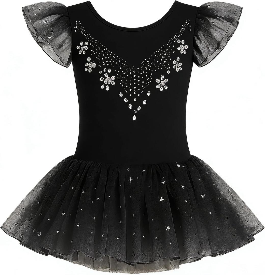 Mecceos Ballet Leotards for Girls Short Sleeve Gymnastics Tutu Dress - Toddler Performance Costume (2-3T, Black)