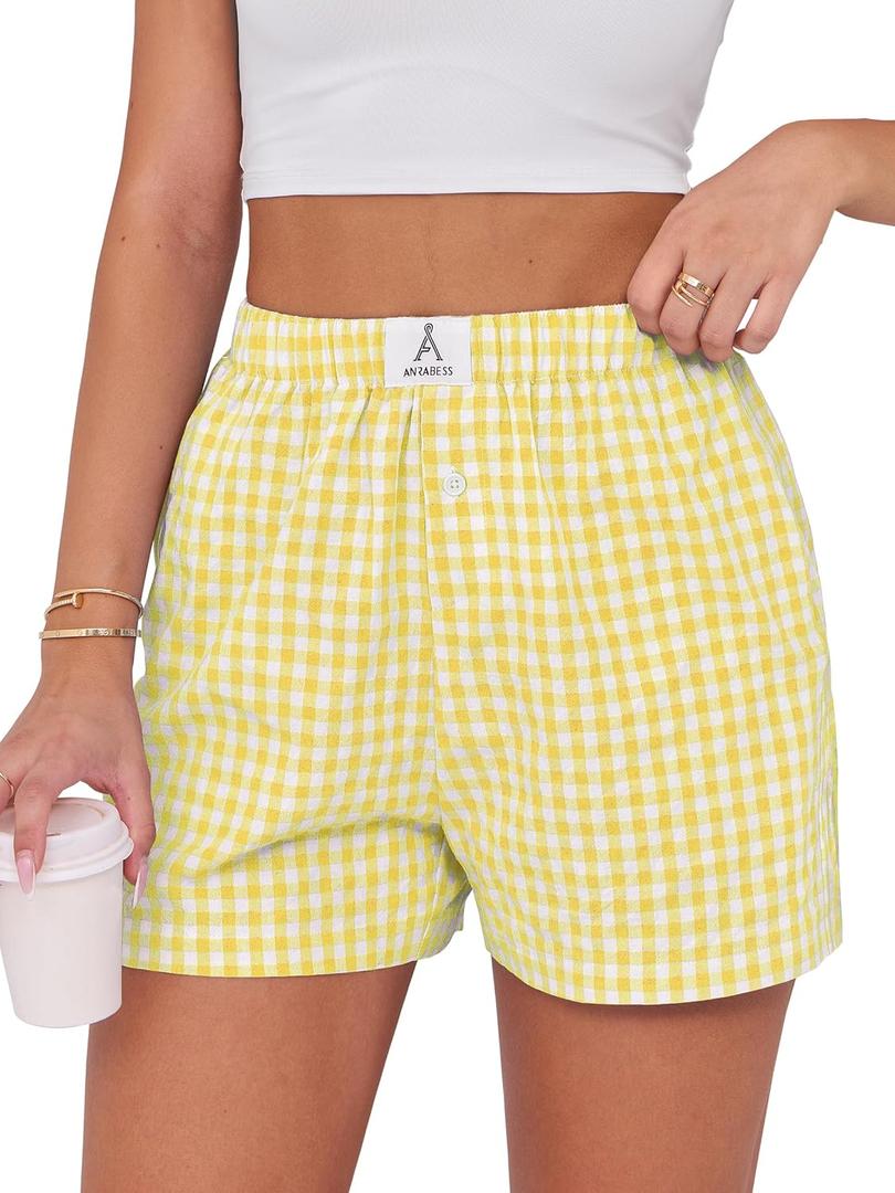 ANRABESS Boxer Shorts for Women Gingham Pajama 2025 Summer Casual Lounge Sleep Plaid Shorts Y2K Beach Bottoms (Medium, Yellow White Plaid)