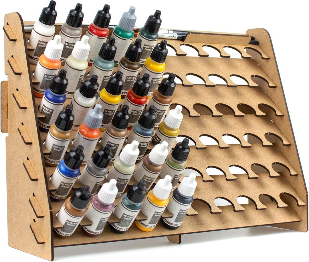 PROSCALE Wall Paint Rack Organizer for Miniatures & Modeling, Vertical Paint Stand with 26mm Dropper Holes + Top Brush/Tool Holder, Compatible with Vallejo, Army Painter, AK (26mm)