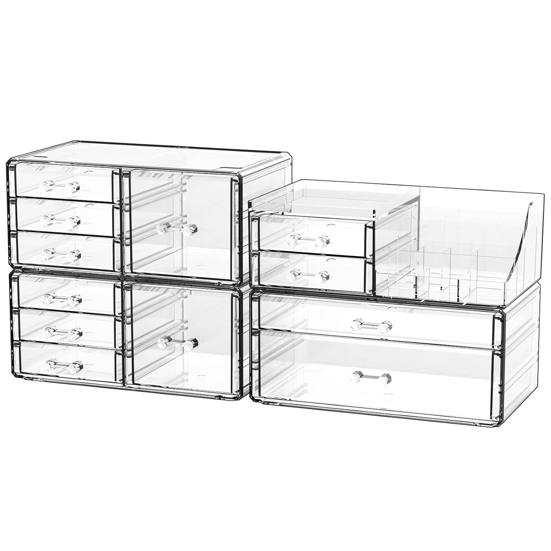 Acrylic Clear Make up Organizers And Storage for Vanity,Bathroom Skincare Organizer With 12 Drawer for Dresser,Plastic Desk Accessories Organization,Cosmetic Organizer Countertop for Beauty,Skin Care (12 Drawers-Set of 4)