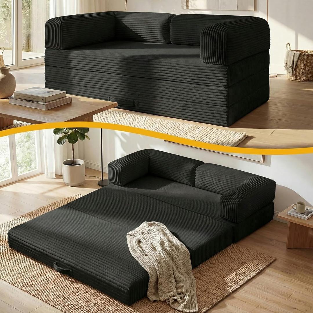 Tri-Folding Mattress Queen Futon Sofa Bed, Convertible Tri Fold Mattress Foldable with Removable Armrests & Washable Cover, Floor Mattress Sleeper Couch Bed for Guest Room, Living Room, Queen, Black