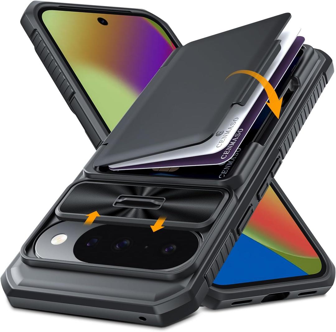 CENMASO for Google Pixel 10 Pro Case/Pixel 10 Case with Card HolderRFID Blocking& Sliding Camera Cover & Kickstand Full-Body Shockproof Wallet Phone Case for Pixel 10/10 Pro (Black)