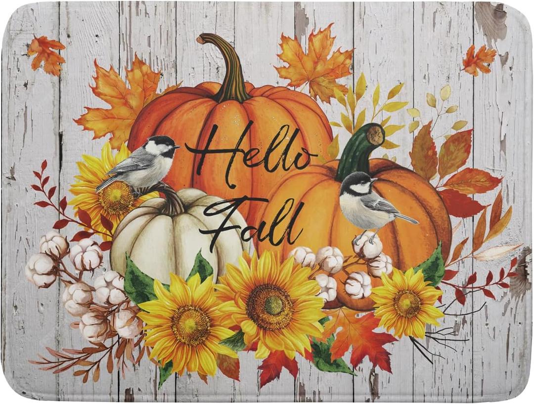 Hello Fall Dish Drying Mat for Kitchen Counter 18x24 Inch Orange Pumpkin Absorbent Drying Pad with Hanging Loop Autumn Home Decoration