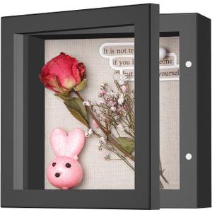 5x5 Small Shadow Box Frame with Linen Back - Sturdy Memory Display Case of Flower, Pictures, Medals and More, Black