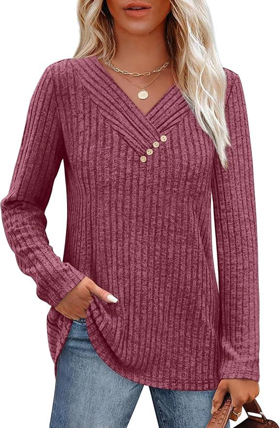 SAMPEEL Sweaters for Women Long Sleeve Shirts V Neck Tops with Buttons Fall Fashion Outfits Winter Clothing 2025, Size Medium