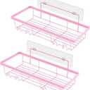 Drying Rack Metal Frame Shower Caddy 2pcs Carbon Steel Organizer Shelf Adhesive Tape Installation Hollow Bottom Design Wall-Mounted Storage Holder for Pink