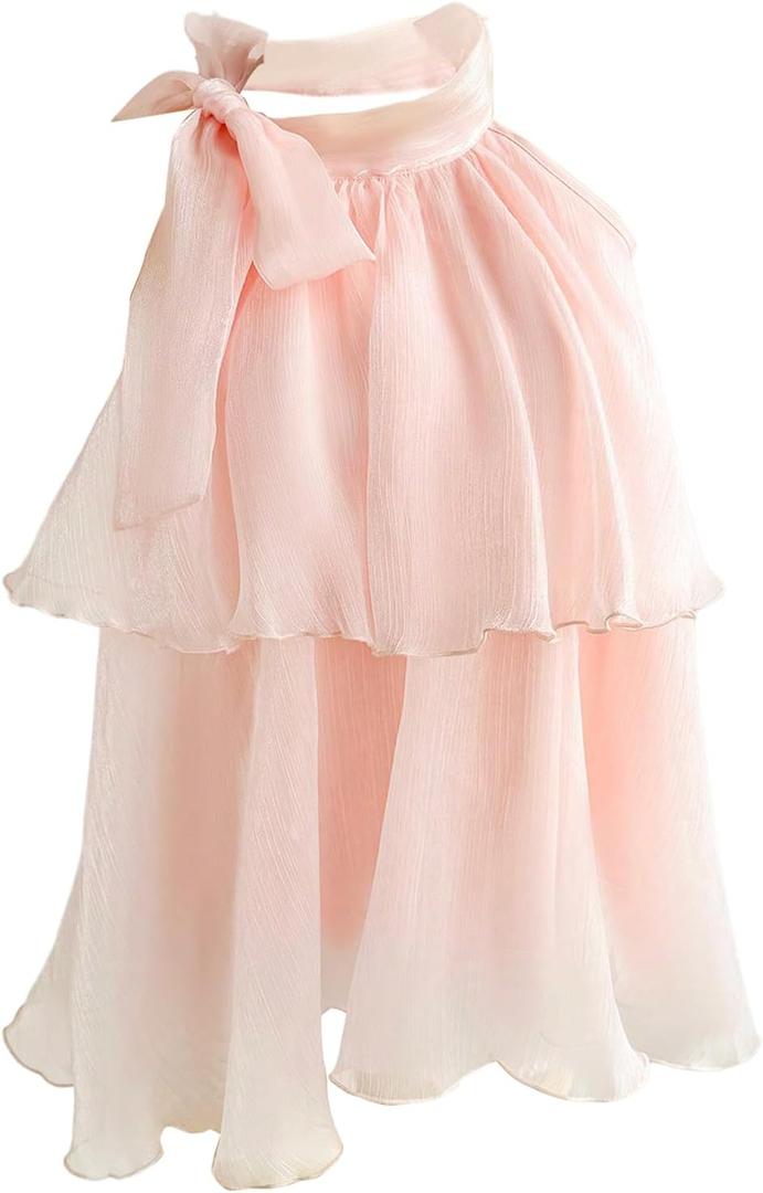 MakeMeChic Women's Tie Neck Halter Tops Tiered Ruffle Sleeveless Blouse Shirt Top (Large, Pink)