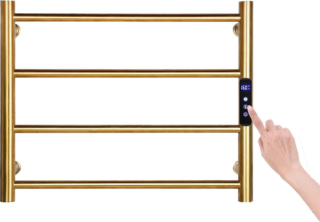 4 Bars Gold Towel Warmer Rack, Wall Mounted Heated Towel Rack with Timer & Temperature Control, Electric Towel Warmers for Bathroom (4 Bars Brushed Gold D, Hardwired)