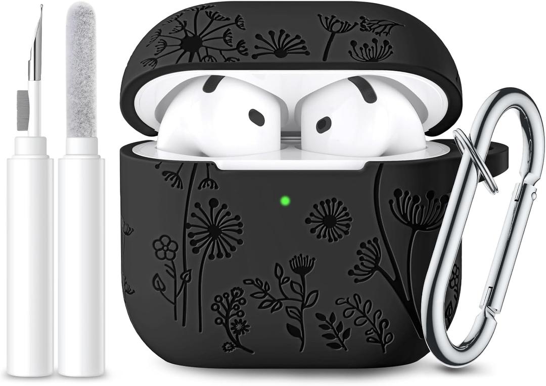 Lerobo for Airpods 4 Case Cover with Cleaner Kit, Cute Flower Engraved Silicone Protective Dust-Resistant Cover with Keychain Compatible with Apple Airpods 4 Case 2024, Black