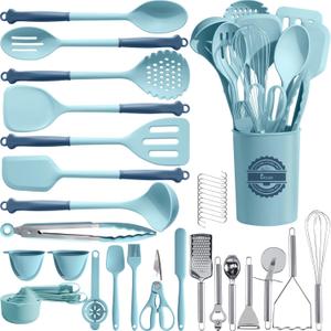 Kikcoin 43Pcs Large Kitchen Utensils Set - Silicone Cooking Utensils Set, Dishwasher Safe Spatula Set for Non-stick Cookware, 446°F Heat Resistant Kitchen Utensils Set with Holder BPA Free, Blue