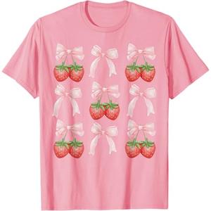 Cute Pink Bow Coquette Strawberry Clean Girl Aesthetic T-Shirt (Small)
