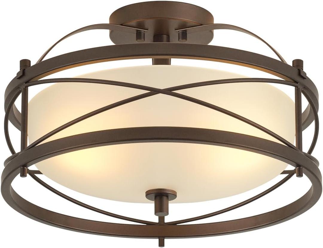 Entryway Drum Light Fixtures, Semi-Flush Mount Rustic Ceiling Light for Hallway Living Room Bedroom Kitchen (Old Bronze Finished)
