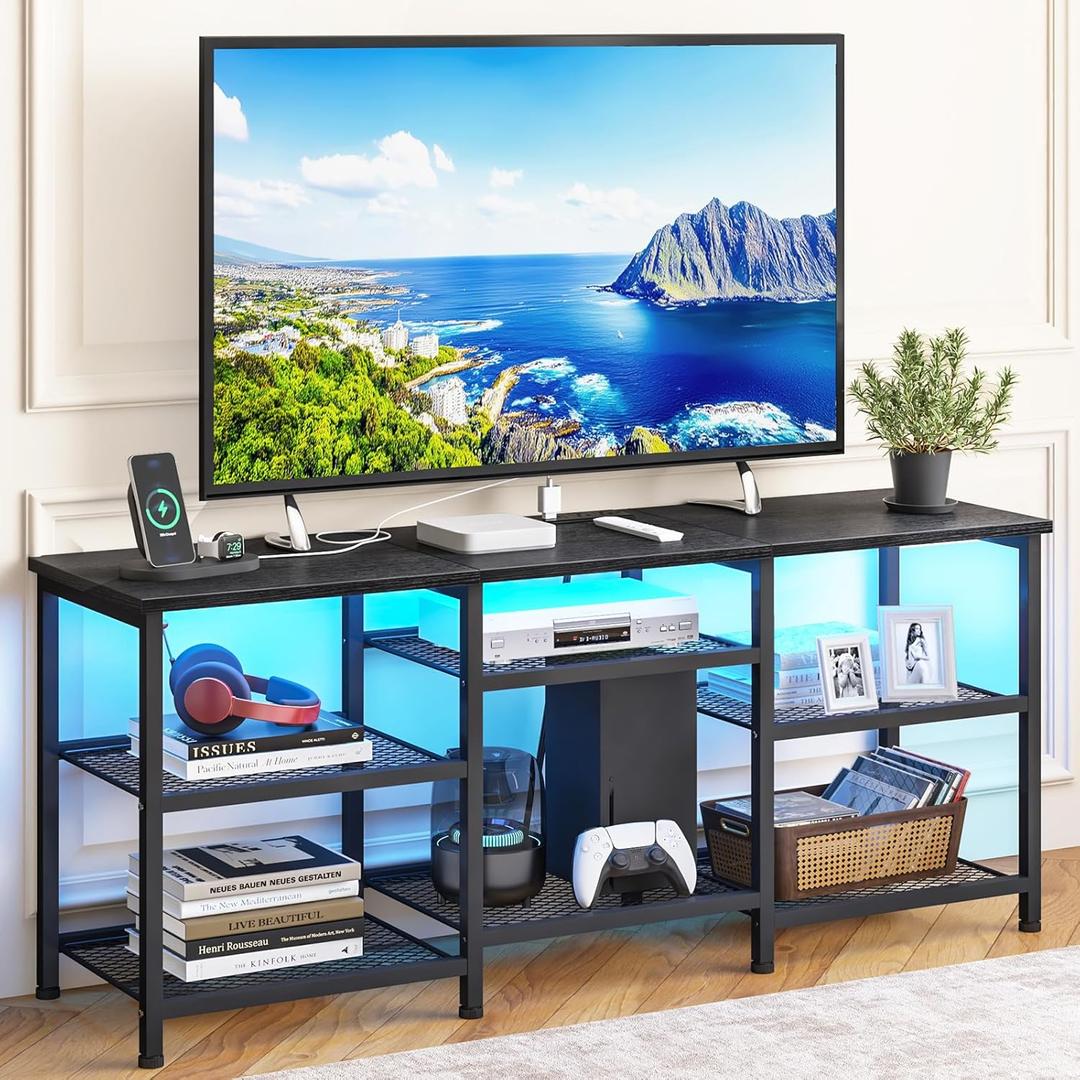 TV Stand for 55 Inch TVs, Entertainment Center with Movable Shelf Panels, Power Outlet and LED Lights Open Storage Shelves, TV Media Console Table for Living Room and Bedroom, Black