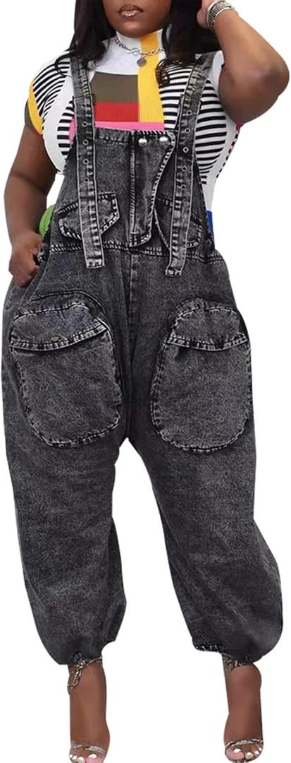 LETSVDO Womens Casual Demin Harem Jumpsuit Plus Size Camo Spaghetti Strap Sleeveless Wide Leg Baggy Overalls Romper Pants (XX-Large, Hsf2608-black)